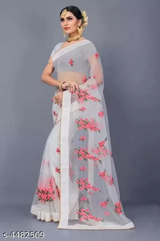 TEESWALA Net White Embroidered Saree With Blouse